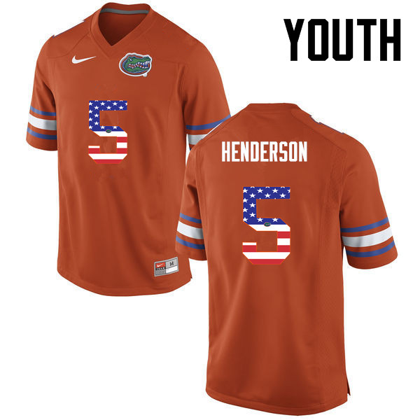Youth Florida Gators #5 CJ Henderson College Football USA Flag Fashion Jerseys-Orange - Click Image to Close